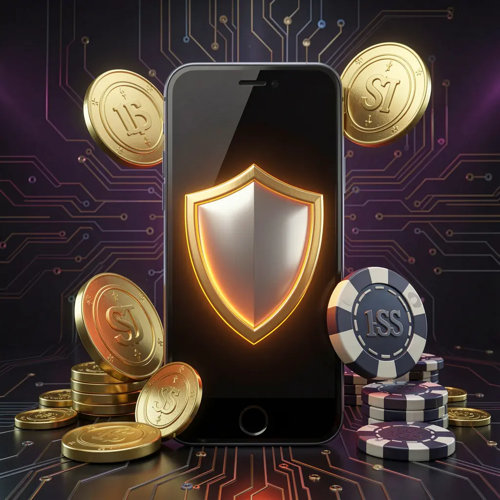 OKDDD secure mobile casino app concept showing a smartphone with a glowing shield icon surrounded by golden coins and chips on a dark luxury cyber background