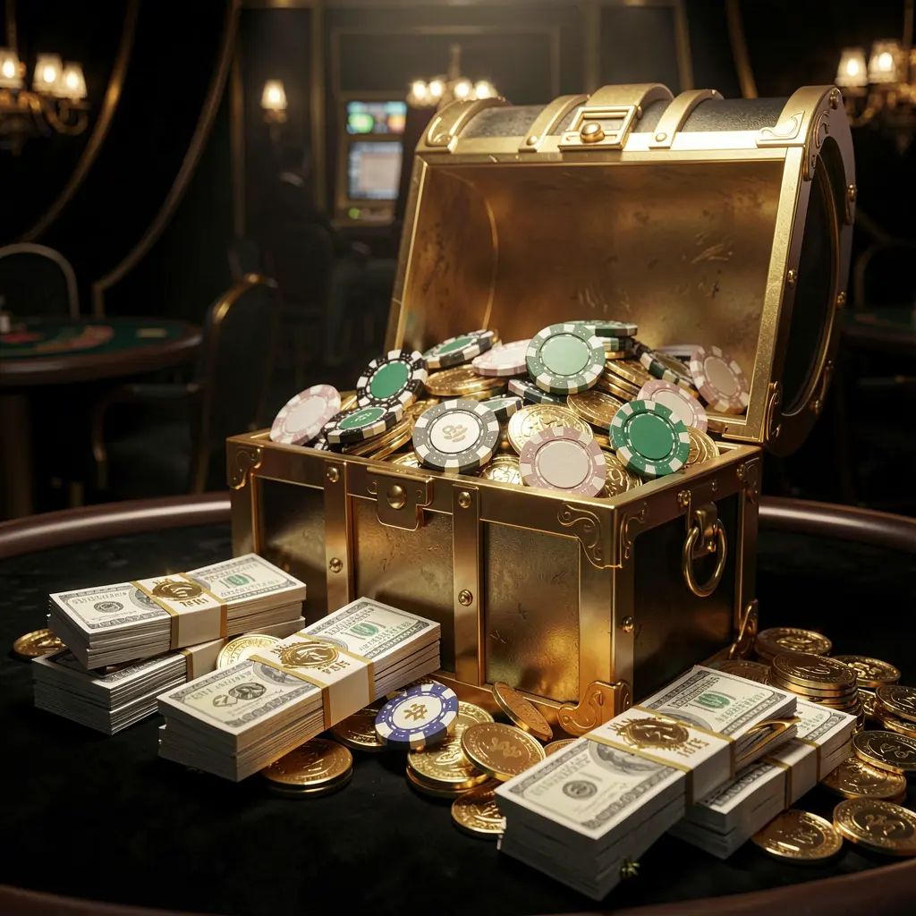 OKDDD casino rewards scene featuring a golden treasure chest overflowing with chips, cash bundles, and sparkling coins in an elegant black and gold style with dramatic lighting, realistic 3D render