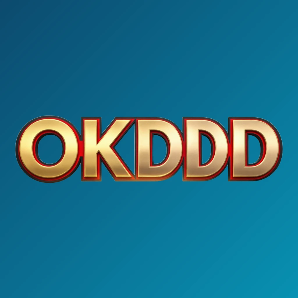 Luxury casino logo for OKDDD featuring rich gold gradient text with red and black accents, elegant lights, and a high-end entertainment style on a transparent background