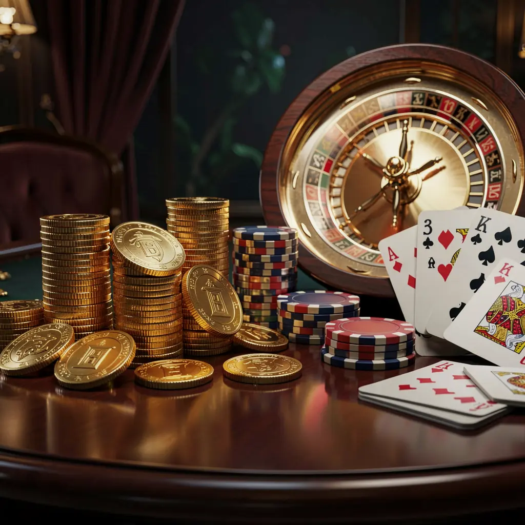 OKDDD premium online casino banner featuring golden coins, glowing chips, roulette wheel, and playing cards on a glossy table with an elegant dark background in a high detail realistic 3D render